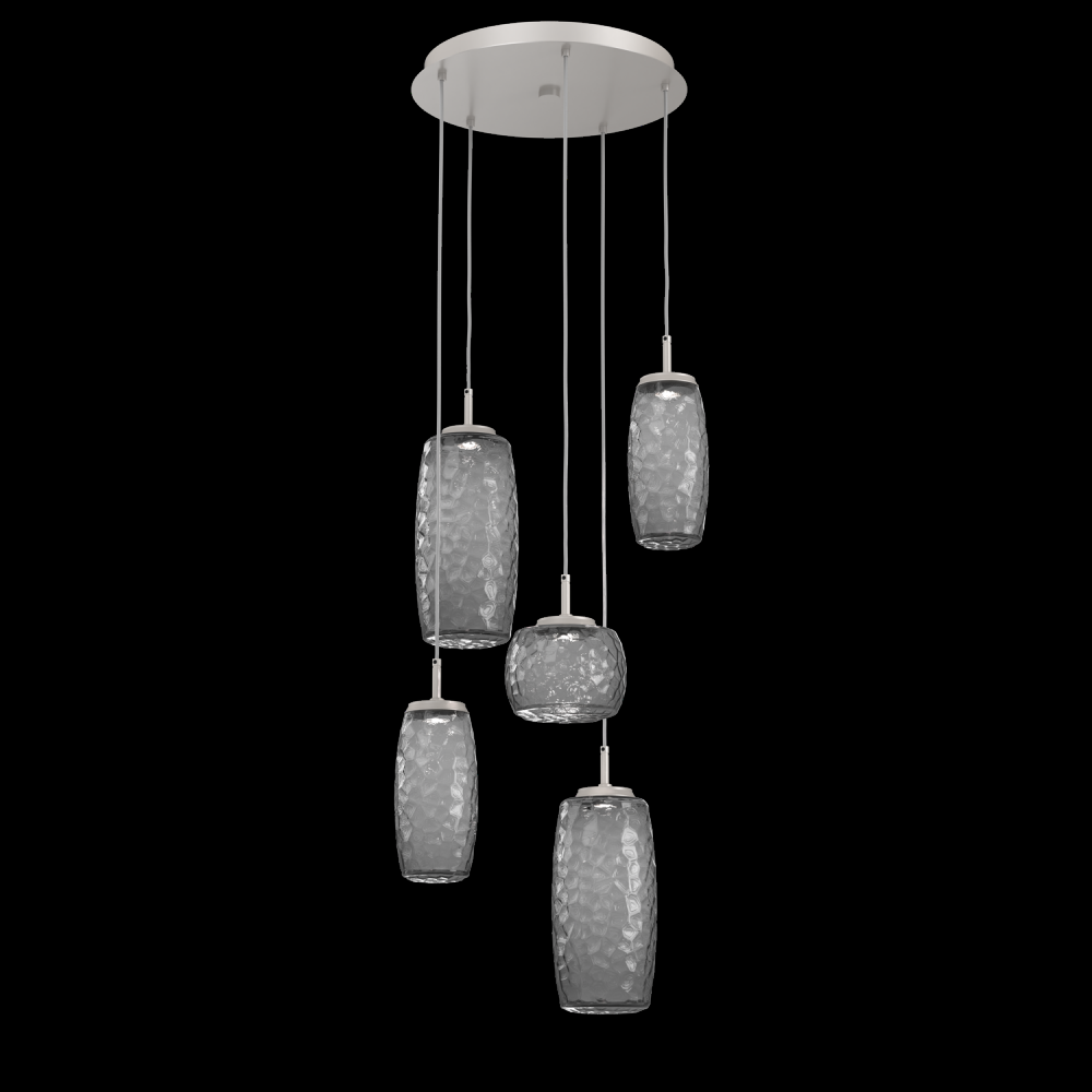 Vessel 5pc Round Multi-Pendant-Beige Silver-Smoke Blown Glass-Cloth Braided Cord-LED 2700K