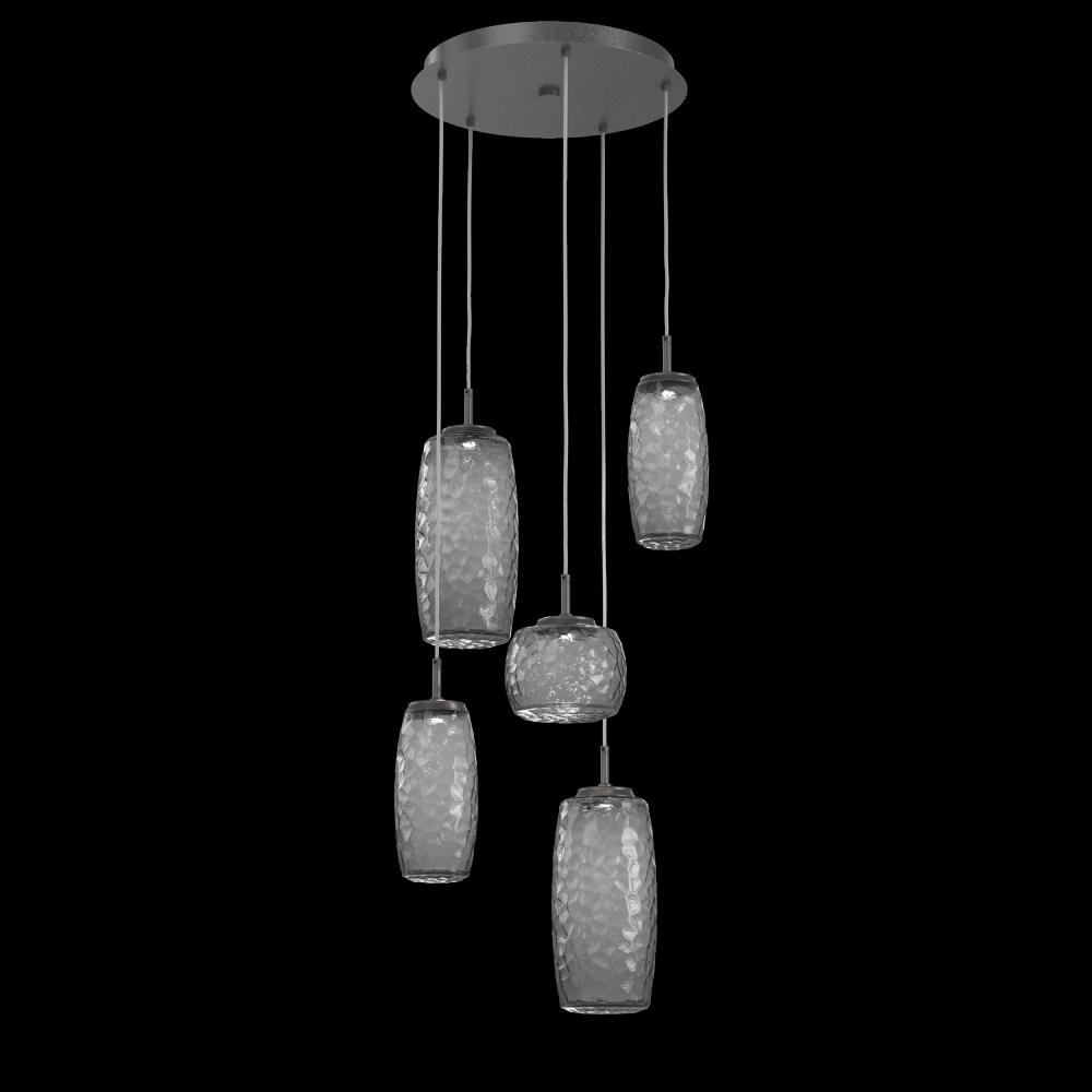 Vessel 5pc Round Multi-Pendant-Graphite-Smoke Blown Glass-Cloth Braided Cord-LED 3000K