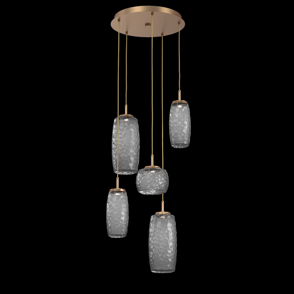 Vessel 5pc Round Multi-Pendant-Novel Brass-Smoke Blown Glass-Cloth Braided Cord-LED 3000K