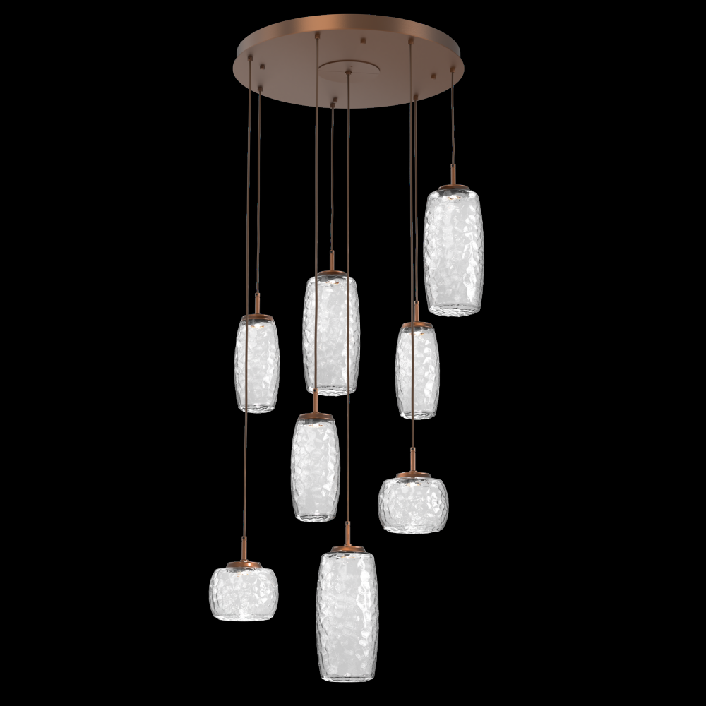 Vessel 8pc Round Multi-Pendant-Burnished Bronze-Clear Blown Glass-Cloth Braided Cord-LED 3000K