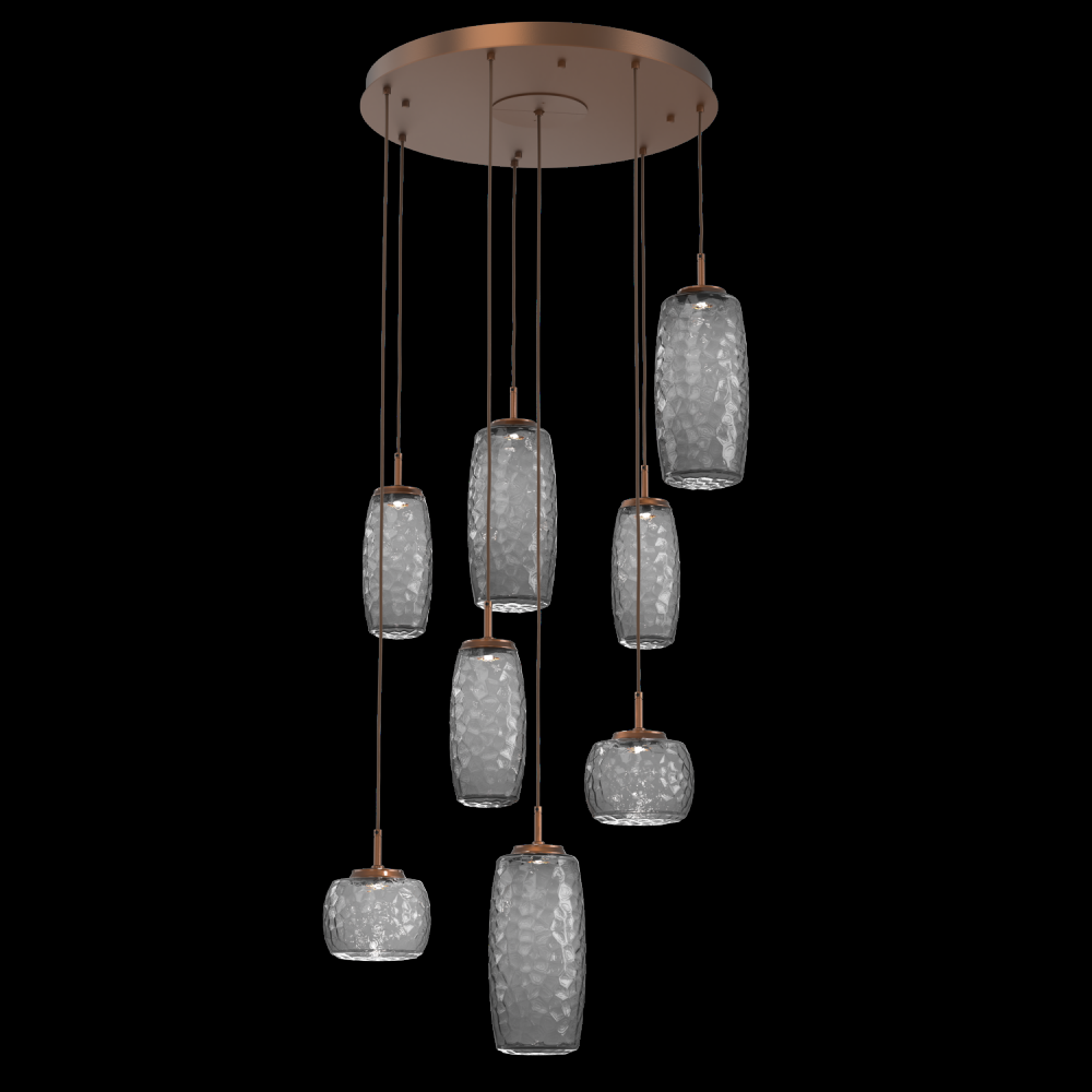 Vessel 8pc Round Multi-Pendant-Burnished Bronze-Smoke Blown Glass-Cloth Braided Cord-LED 2700K