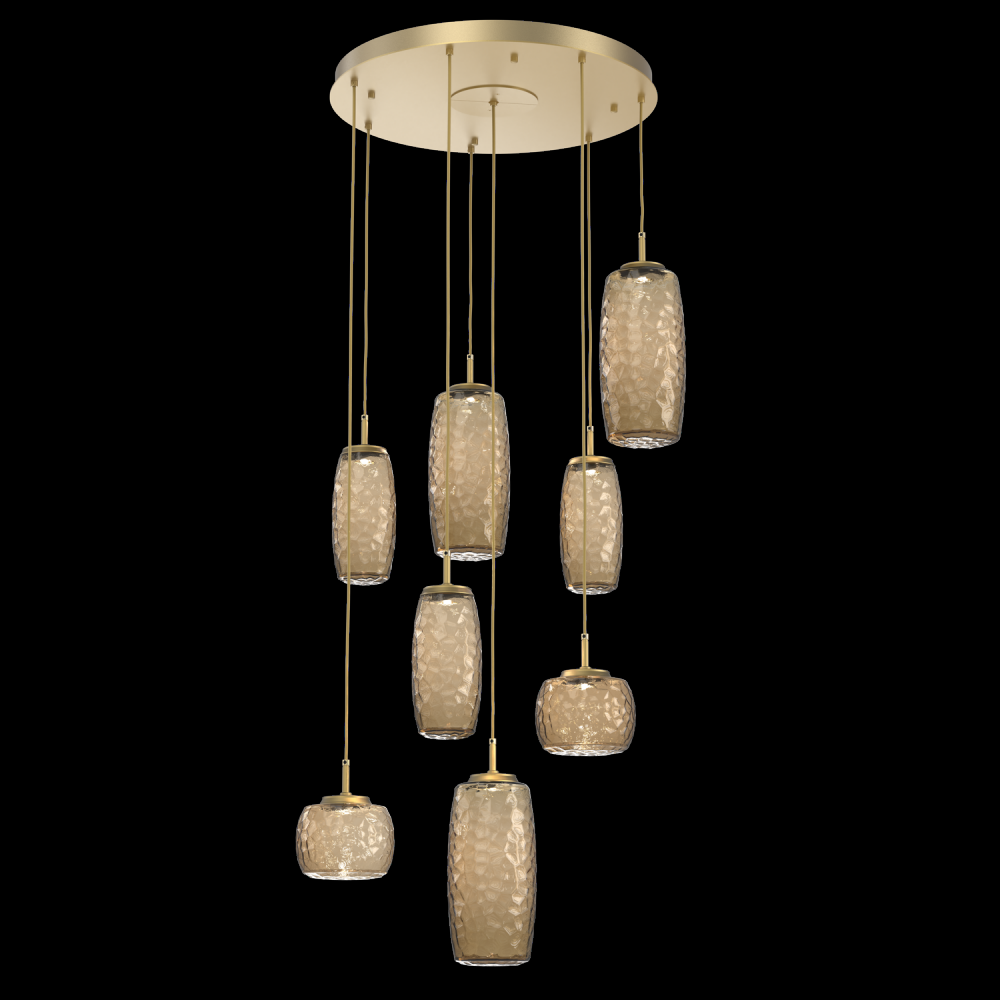 Vessel 8pc Round Multi-Pendant-Gilded Brass-Bronze Blown Glass-Cloth Braided Cord-LED 3000K