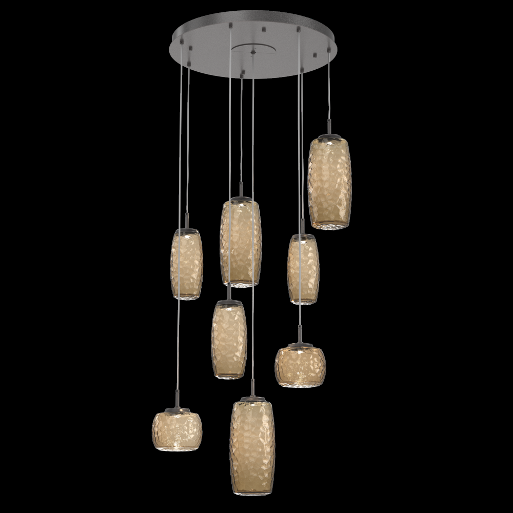 Vessel 8pc Round Multi-Pendant-Graphite-Bronze Blown Glass-Cloth Braided Cord-LED 2700K