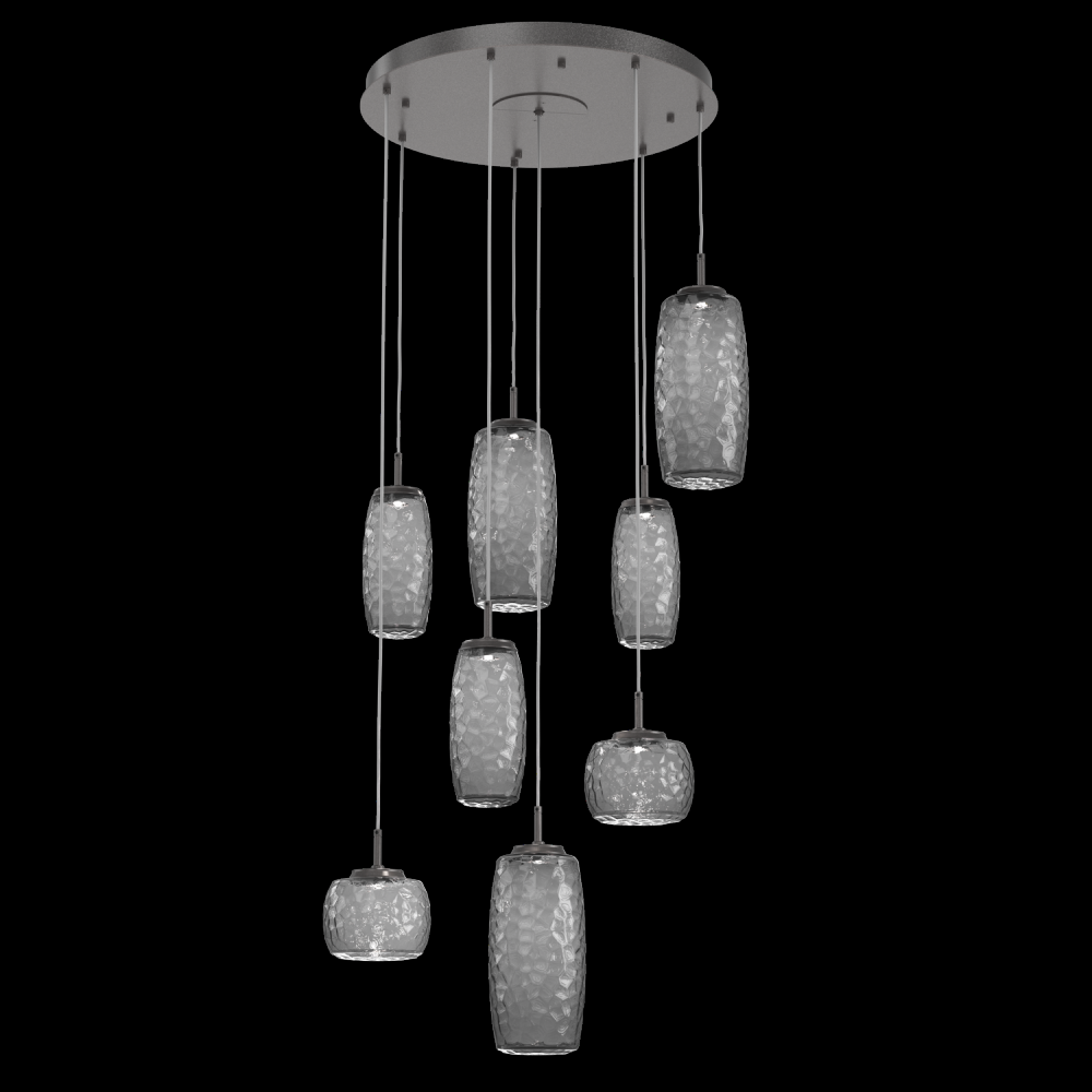 Vessel 8pc Round Multi-Pendant-Graphite-Smoke Blown Glass-Cloth Braided Cord-LED 3000K