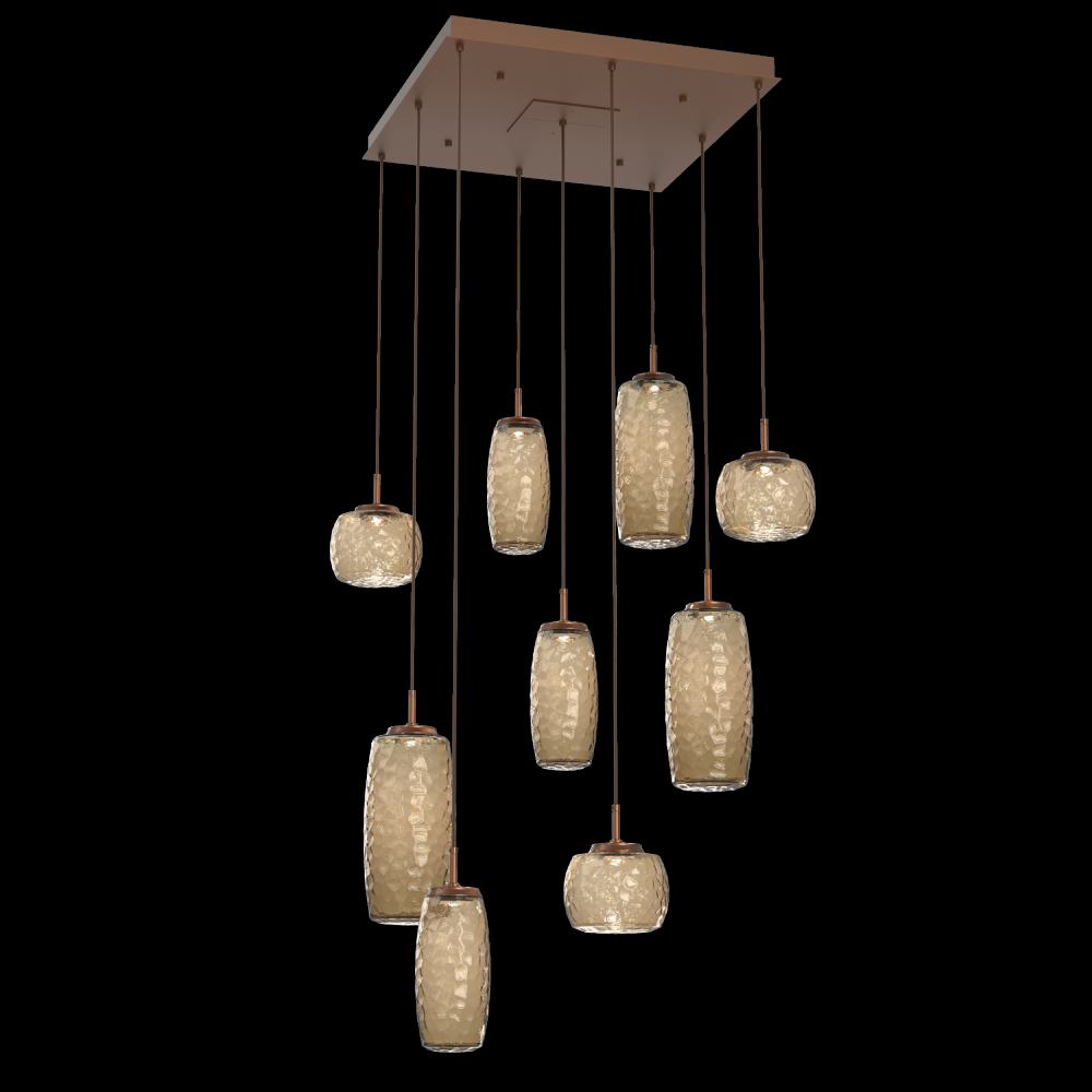 Vessel 9pc Square Multi-Pendant-Burnished Bronze-Bronze Blown Glass-Cloth Braided Cord-LED 3000K