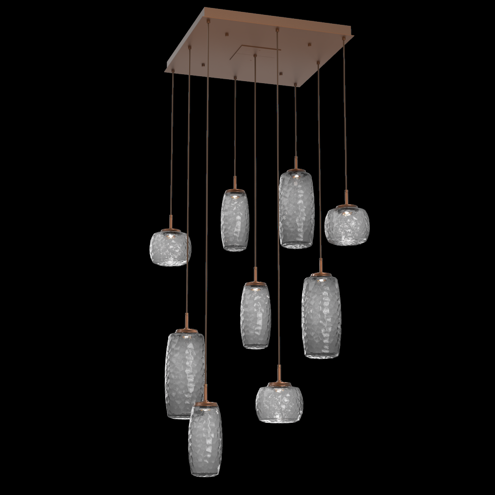 Vessel 9pc Square Multi-Pendant-Burnished Bronze-Smoke Blown Glass-Cloth Braided Cord-LED 3000K