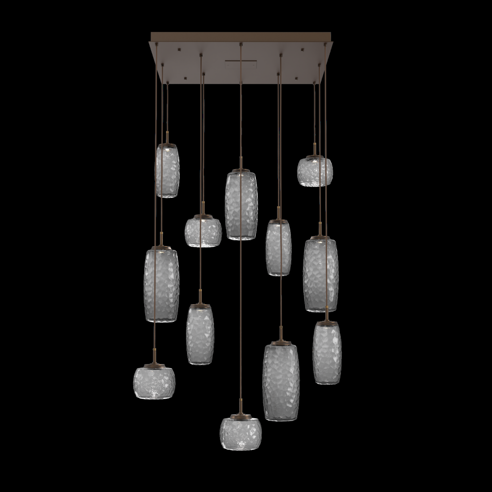 Vessel 12pc Square Multi-Pendant-Flat Bronze-Smoke Blown Glass-Cloth Braided Cord-LED 2700K