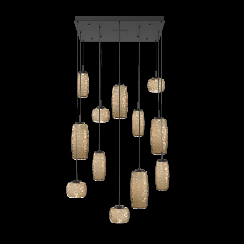 Vessel 12pc Square Multi-Pendant-Matte Black-Bronze Blown Glass-Cloth Braided Cord-LED 2700K