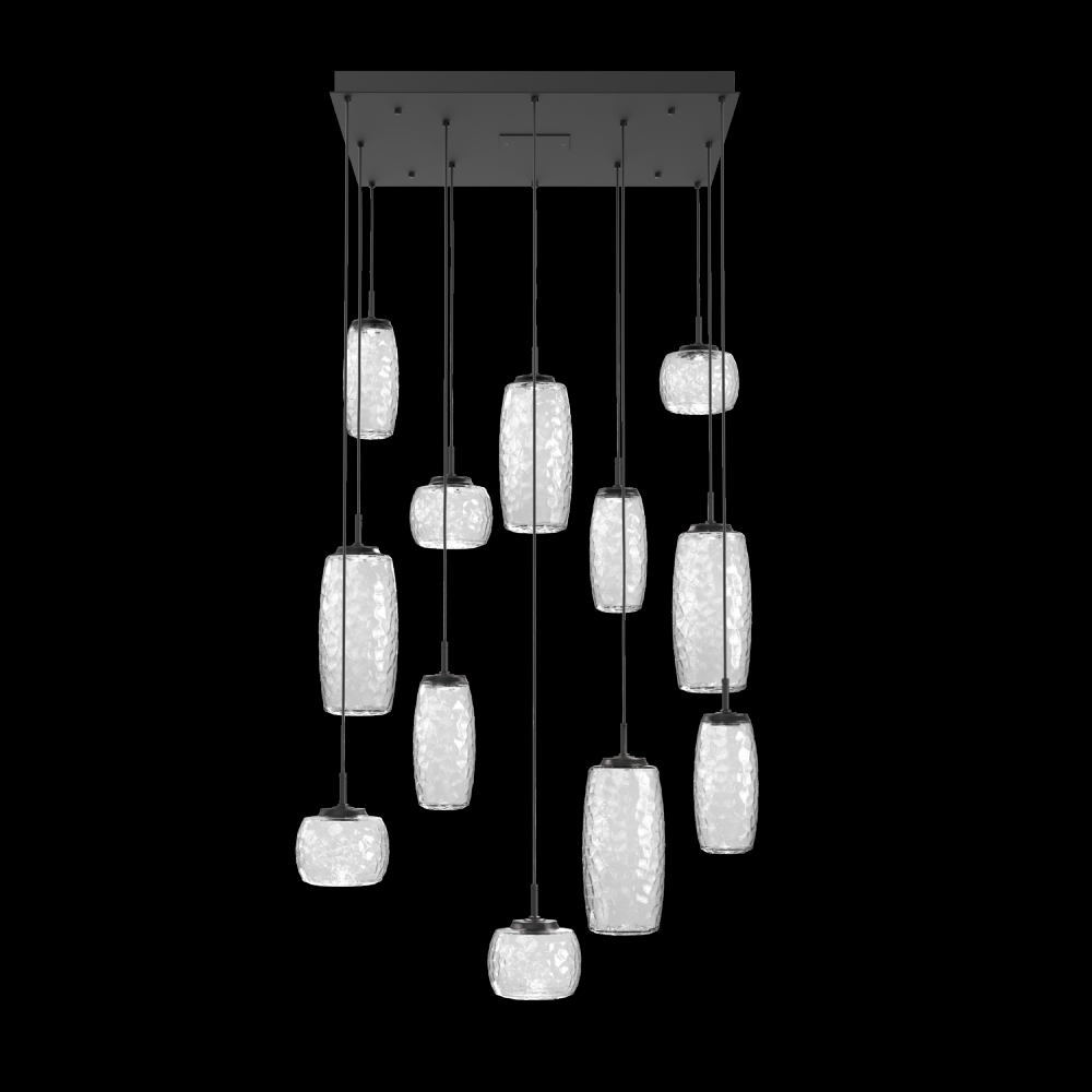 Vessel 12pc Square Multi-Pendant-Matte Black-Clear Blown Glass-Cloth Braided Cord-LED 3000K