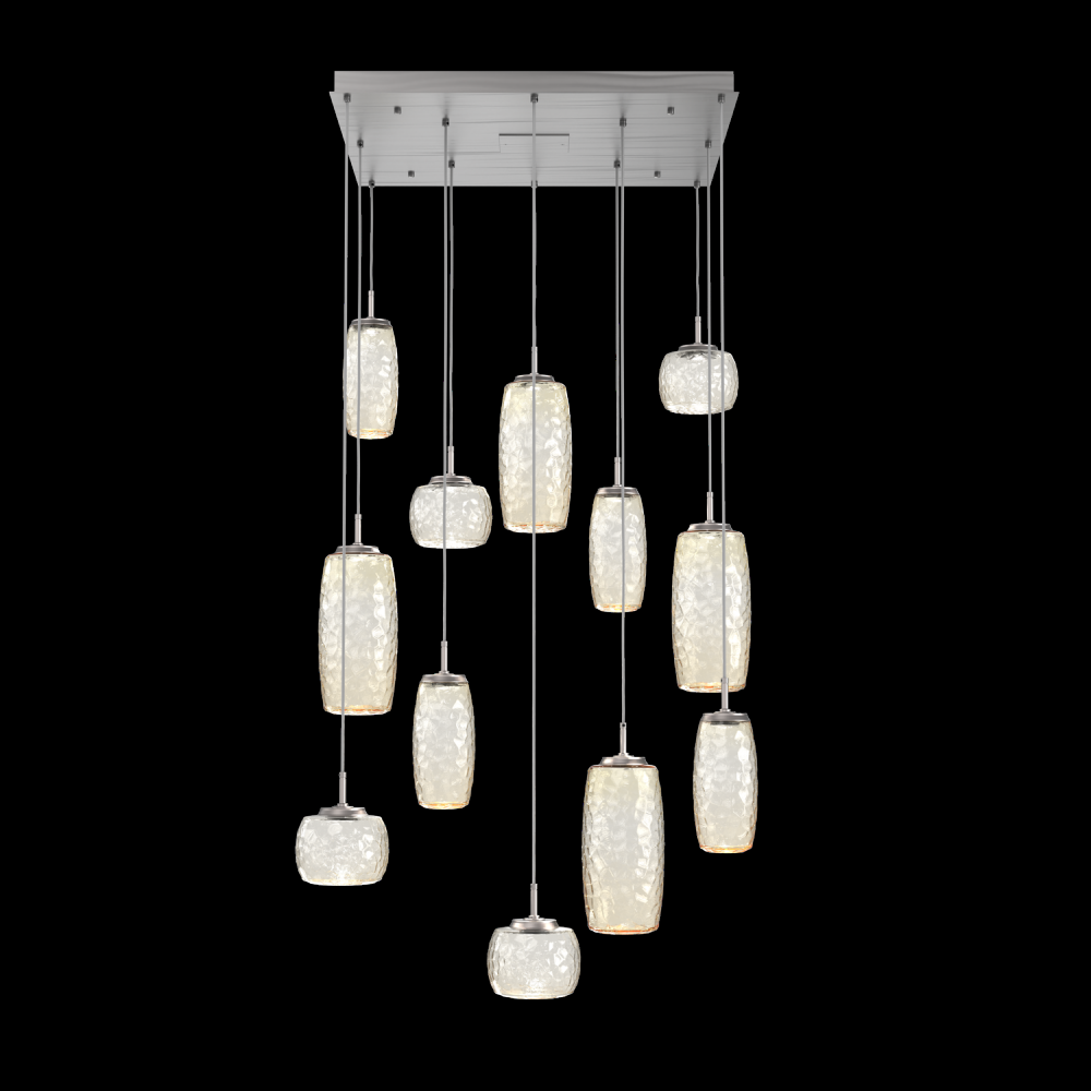 Vessel 12pc Square Multi-Pendant-Satin Nickel-Amber Blown Glass-Cloth Braided Cord-LED 2700K