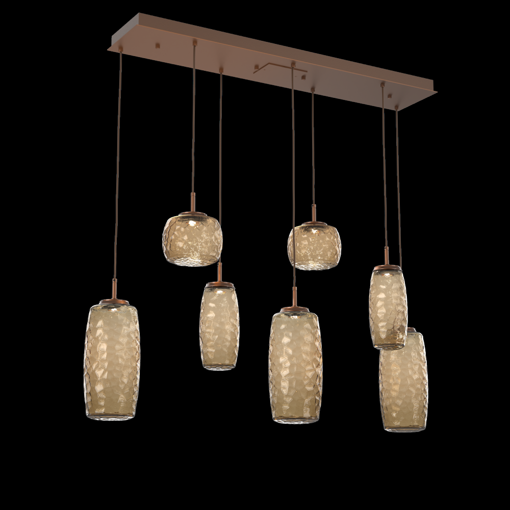 Vessel 7pc Linear Multi-Pendant-Burnished Bronze-Bronze Blown Glass-Cloth Braided Cord-LED 3000K