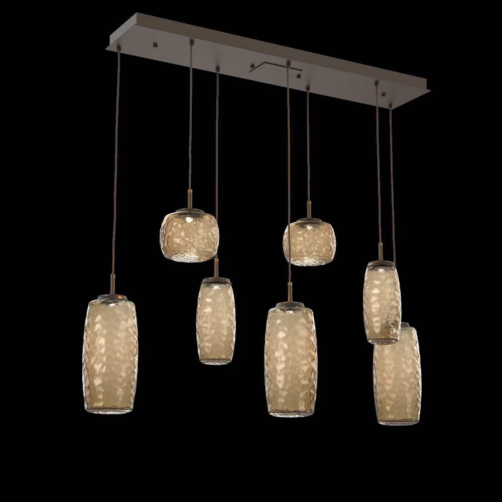 Vessel 7pc Linear Multi-Pendant-Flat Bronze-Bronze Blown Glass-Cloth Braided Cord-LED 3000K