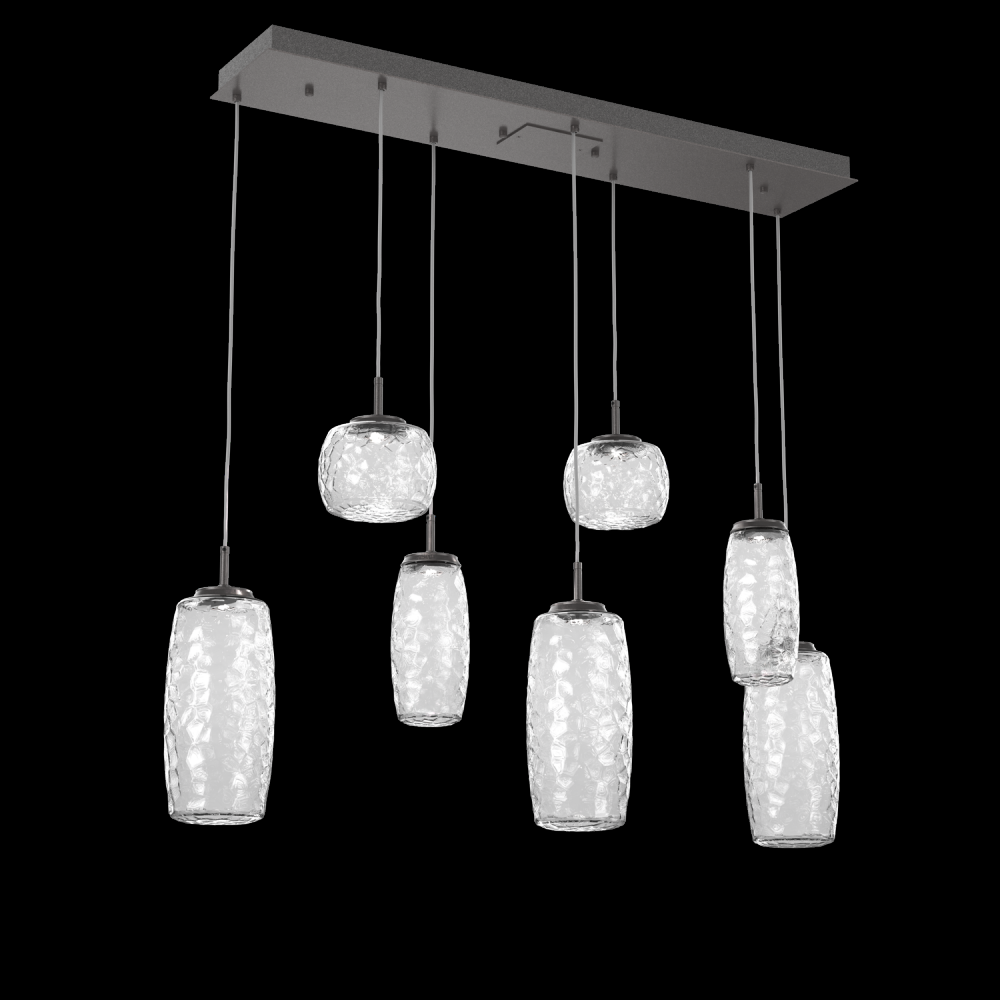 Vessel 7pc Linear Multi-Pendant-Graphite-Clear Blown Glass-Cloth Braided Cord-LED 3000K