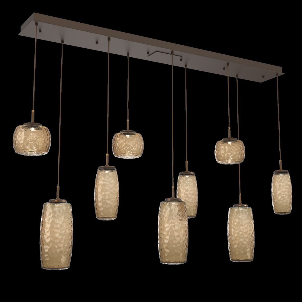 Vessel 9pc Linear Multi-Pendant-Flat Bronze-Bronze Blown Glass-Cloth Braided Cord-LED 3000K