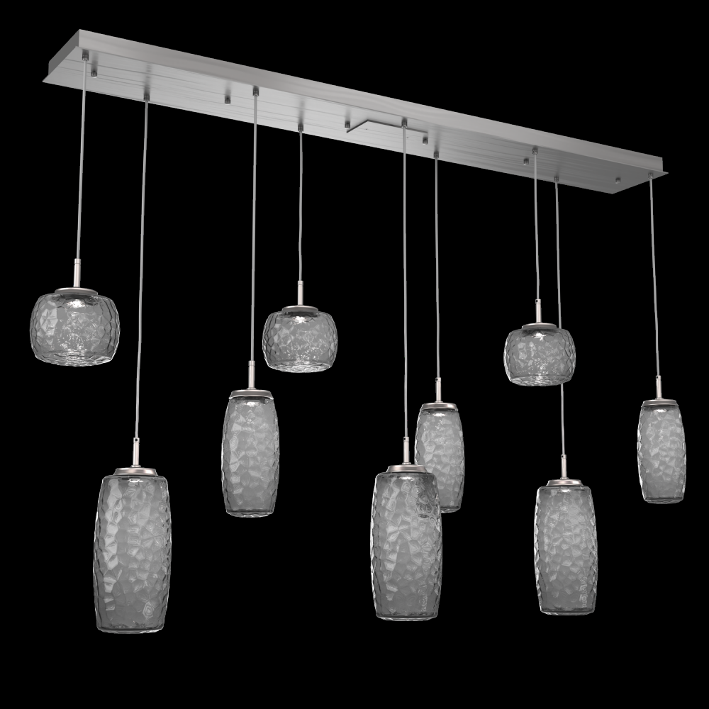 Vessel 9pc Linear Multi-Pendant-Satin Nickel-Smoke Blown Glass-Cloth Braided Cord-LED 2700K