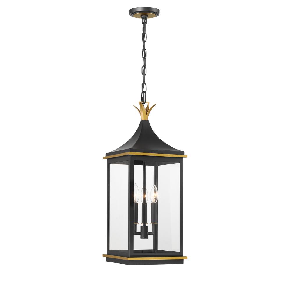 Simpson 3 Light Matte Black + Textured Gold Outdoor Pendant