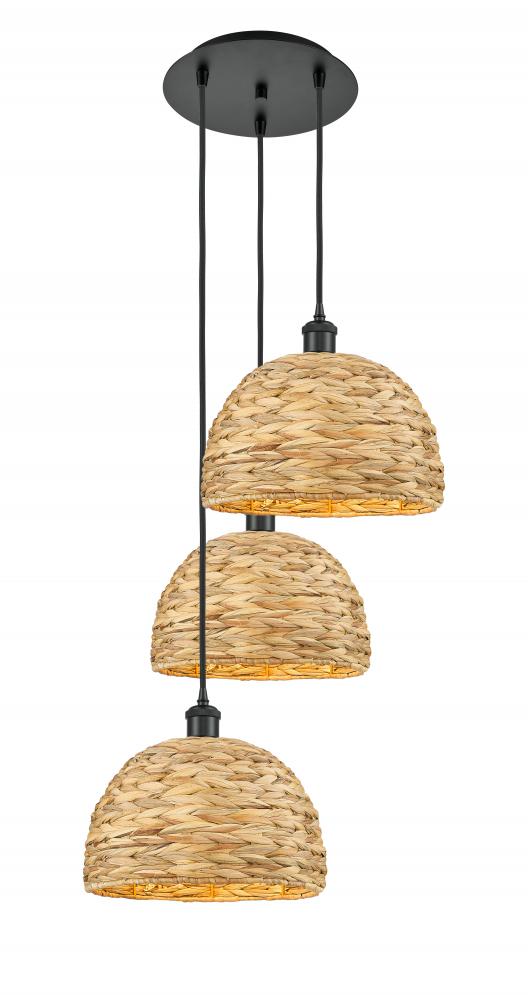 Woven Rattan - 3 Light - 19 inch - Matte Black - Cord hung - Multi Pendant