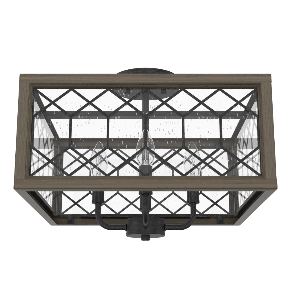 Hunter Chevron Rustic Iron and French Oak with Seeded Glass 4 Light Flush Mount Ceiling Light Fixtur