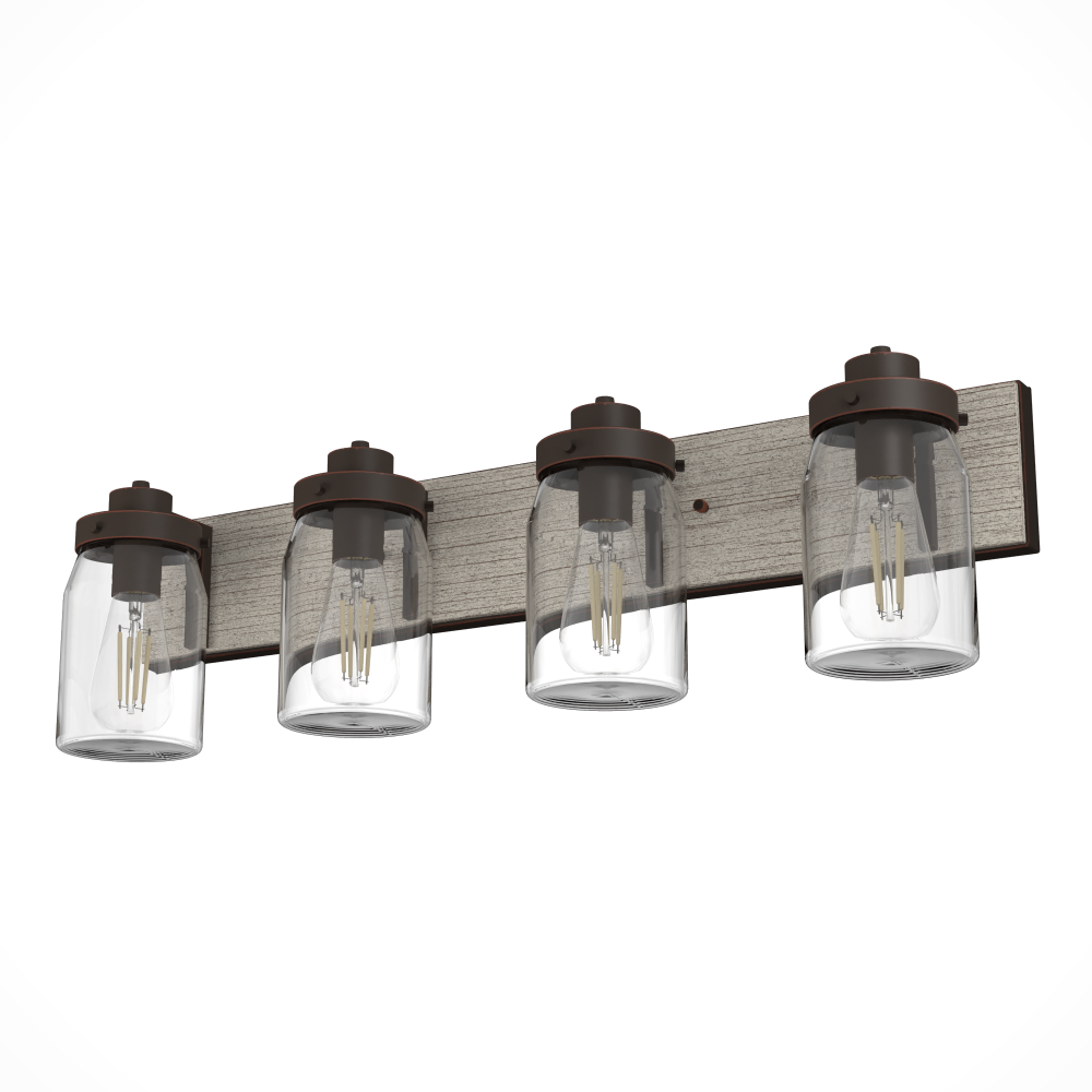 Hunter Devon Park Onyx Bengal and Barnwood with Clear Glass 4 Light Bathroom Vanity Wall Light