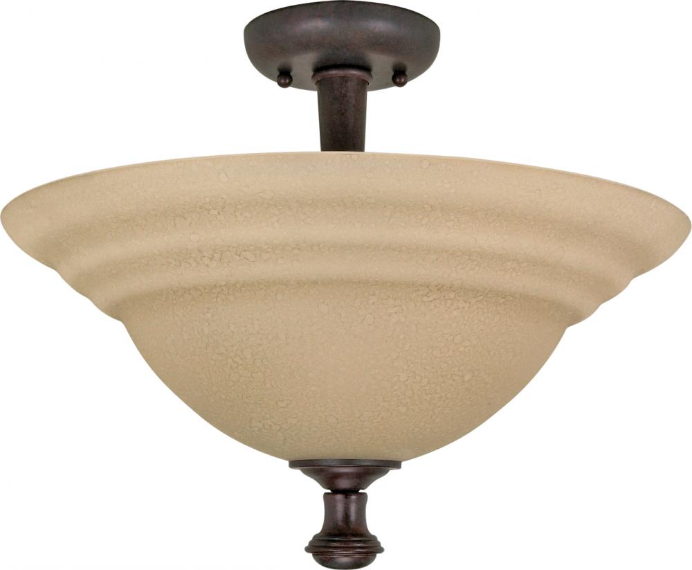 2-Light 16" Semi Flush Mount Dome Lighting Fixture in Old Bronze Finish with Amber Water Glass