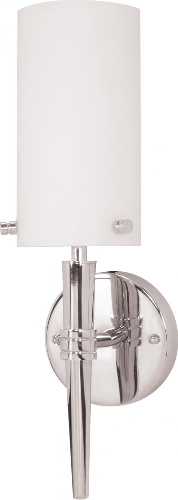 1-Light Wall Mounted Vanity Light Fixture in Polished Chrome with White Opal Glass and (1) Halogen