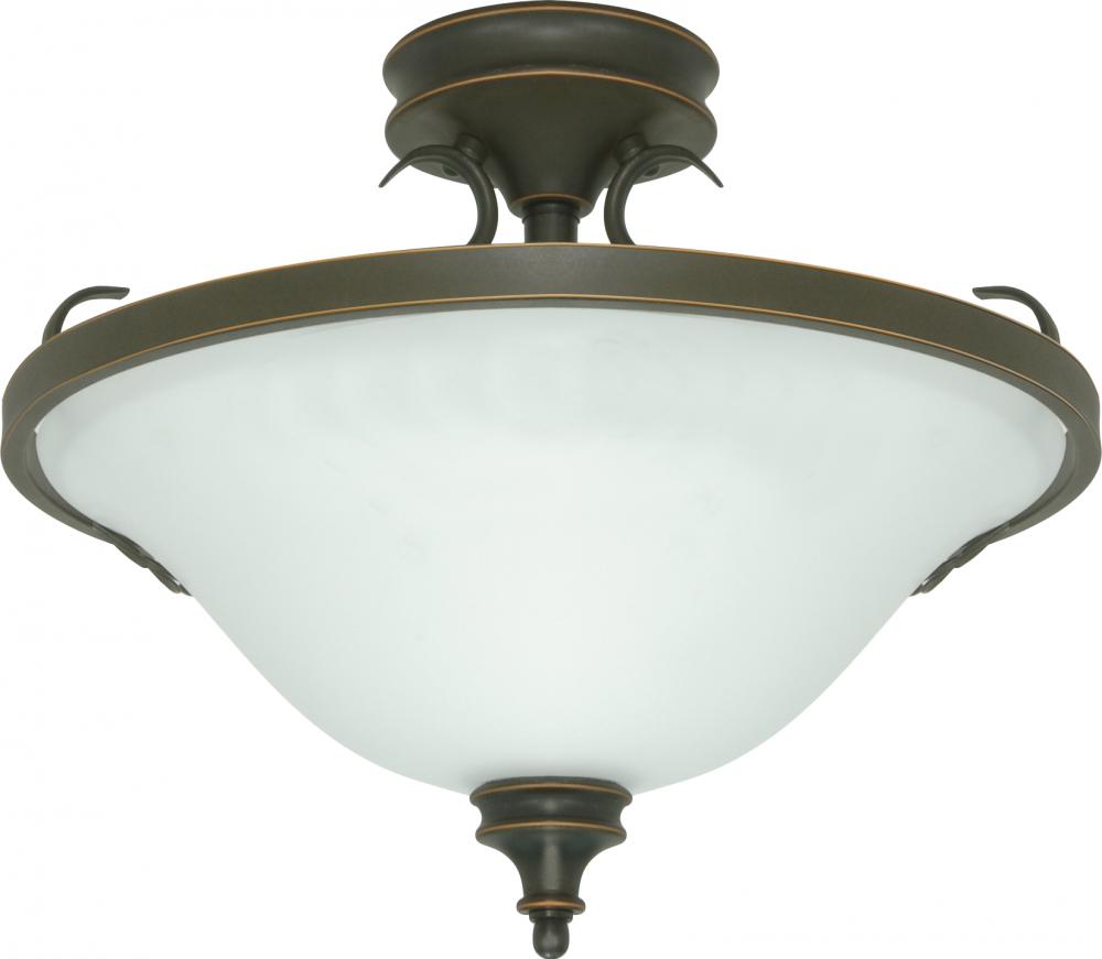 3-Light Dome Semi Flush Ceiling Light Fixture in Rustic Bronze with White Satin Glass