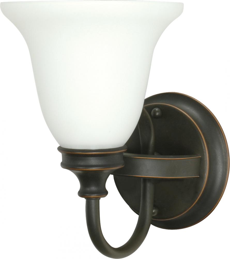 1-Light Vanity Fixture in Rustic Bronze with White Satin Glass