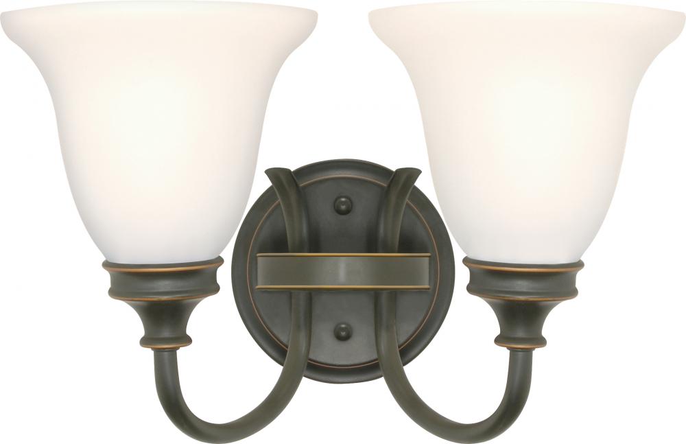 2-Light Wall Mounted Vanity Light Fixture in Rustic Bronze with White Satin Glass