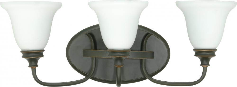 3-Light Wall Mounted Vanity Light Fixture in Rustic Bronze with White Satin Glass