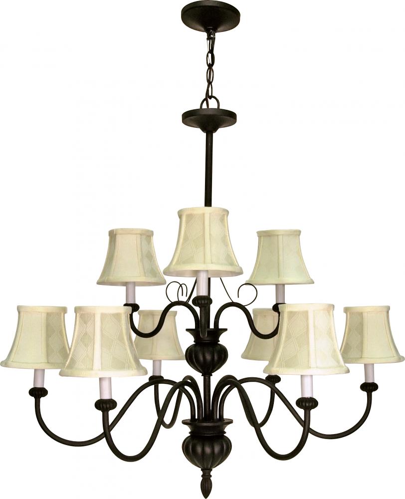 2-Tier 9-Light 34" Textured Black Chandelier with Ecru Diamond Shades