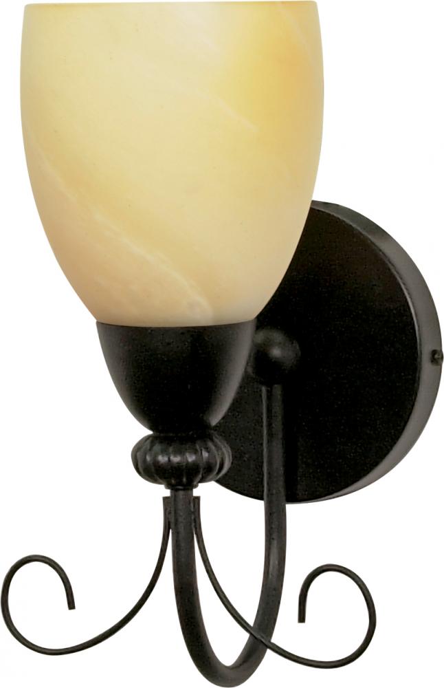 1-Light 7" Wall Mounted Vanity Light Fixture in Textured Black Finish with Gold Washed Alabaster