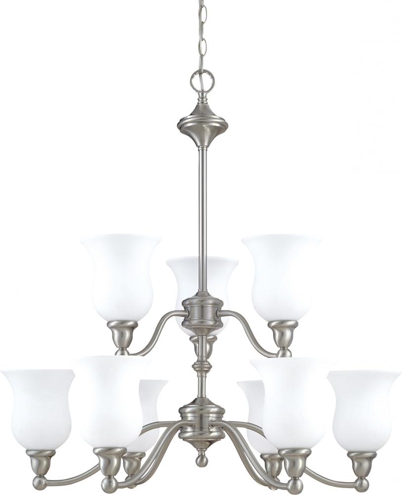 2-Tier 9-Light Chandelier in Brush Nickel Finish and White Satin Glass