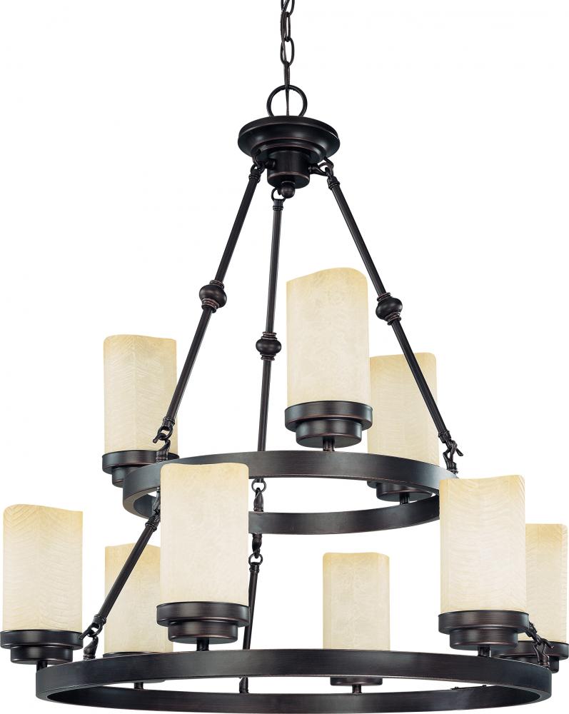 9-Light 2-Tier Round Chandelier in Patina Bronze Finish with Saddle Stone Glass