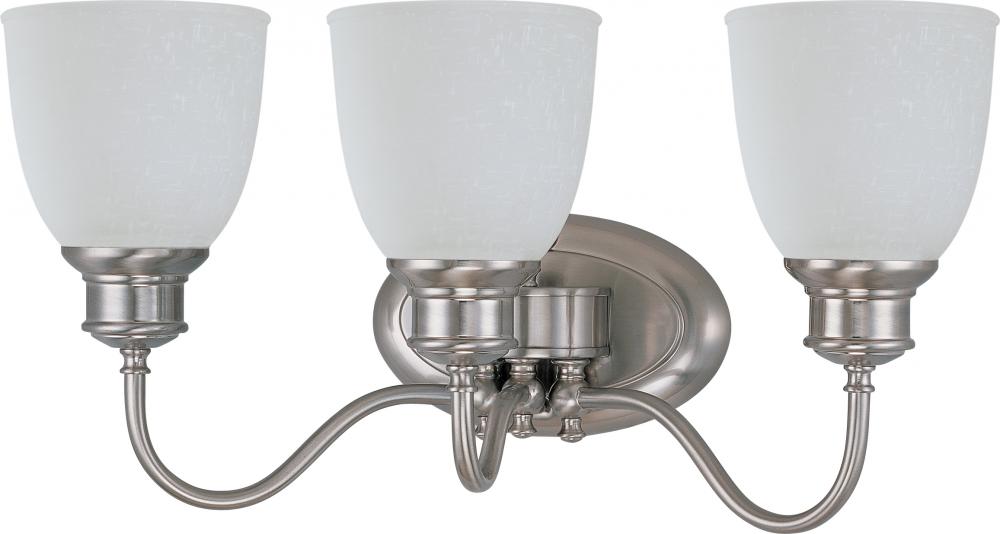 3-Light Vanity Fixture in Brushed Nickel Finish (Convertible Glass Up or Down) with Frosted Linen