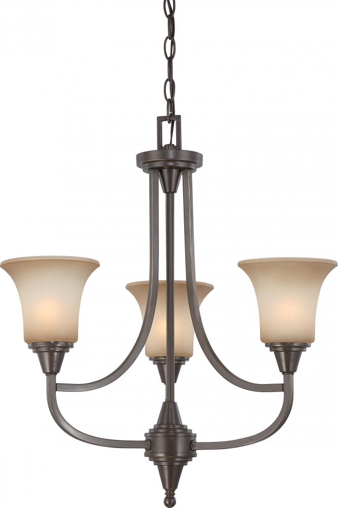 3-Light Chandelier in Vintage Bronze Finish with Auburn Beige Glass