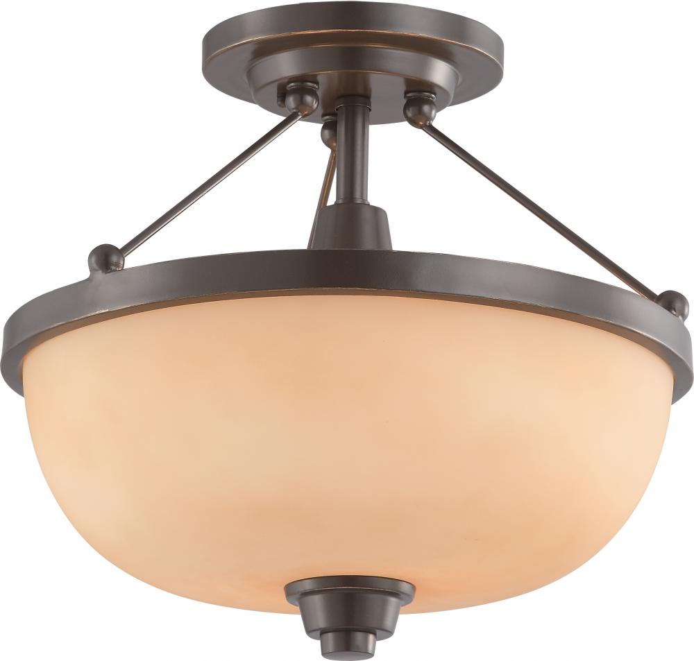 2-Light Semi Flush Mount Ceiling Light in Vintage Bronze Finish with Cream Beige Glass