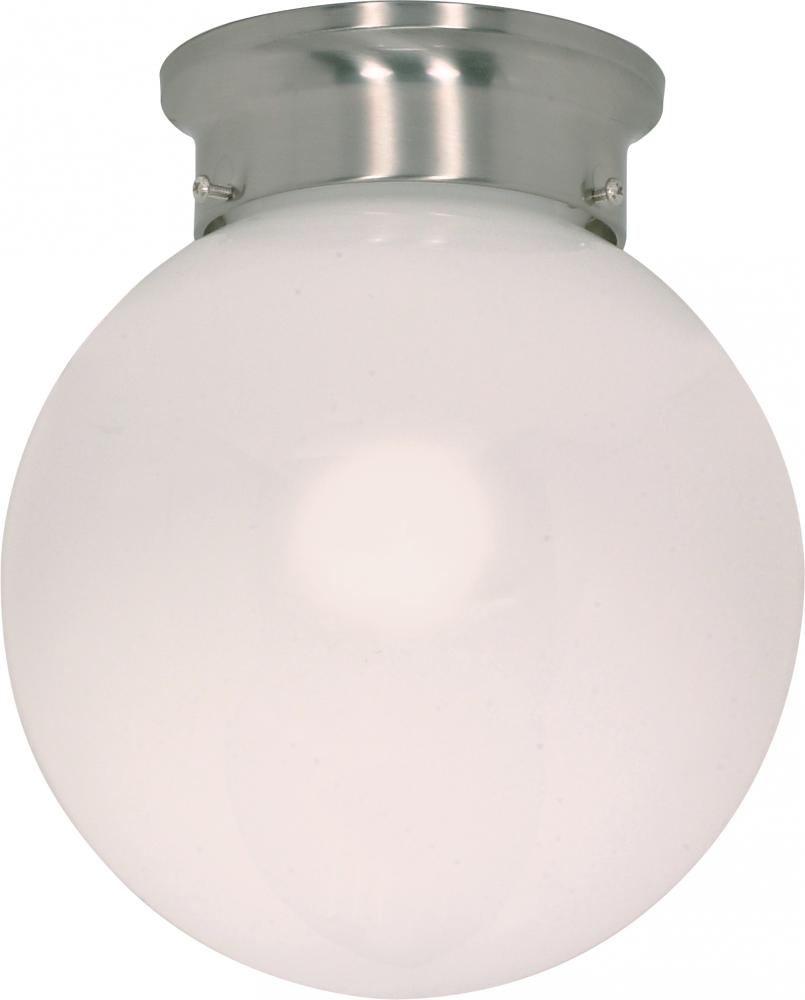 1-Light 6" Flush Mount Globe Ceiling Light in Brushed Nickel Finish with White Glass and (1) 13W