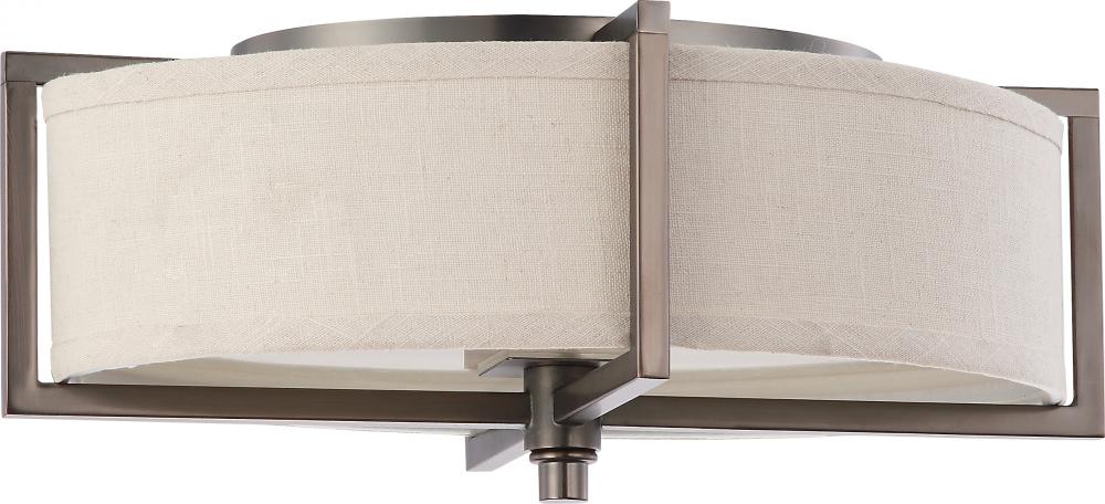 Portia - 2 Light Oval Flush with Khaki Fabric Shade - Hazel Bronze Finish