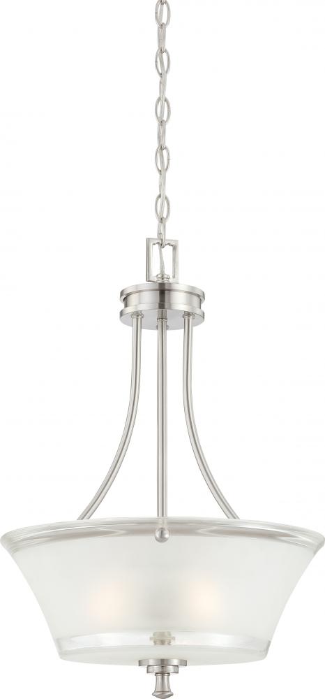 3-Light Pendant Hanging Light Fixture in Brushed Nickel Finish with Clear Outer & Frosted Inner