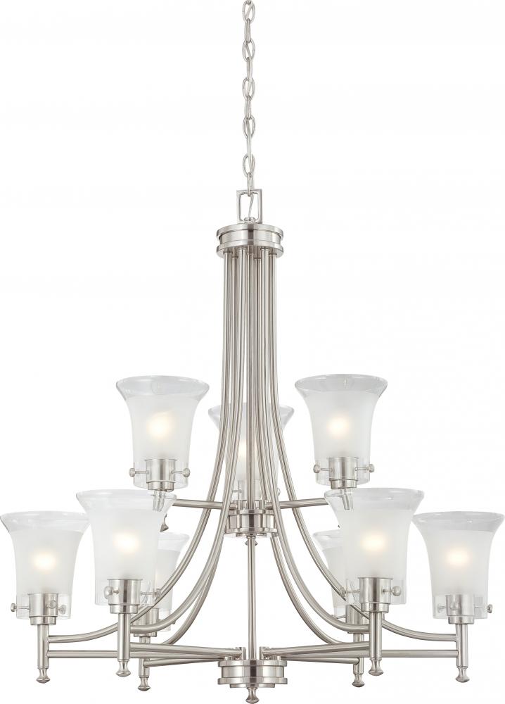 9-Light Chandelier in Brushed Nickel Finish with Clear Outer & Frosted Inner Glass