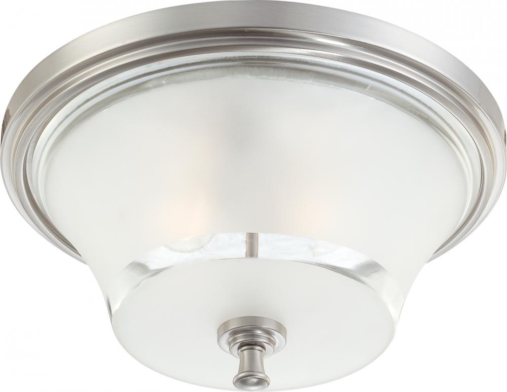 2-Light Flush Mount Ceiling Light in Brushed Nickel Finish with Clear Outer & Frosted Inner Glass