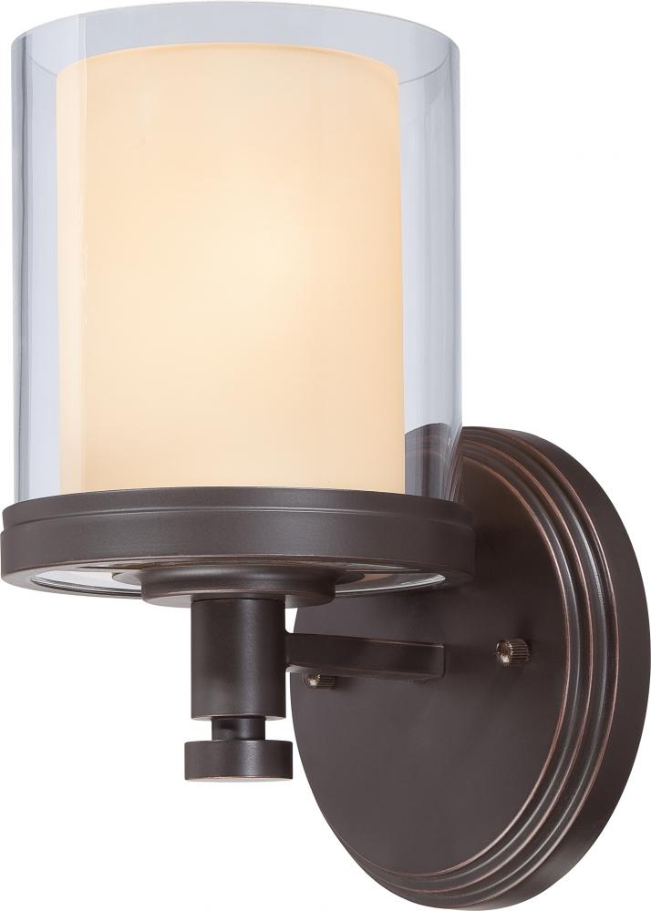 1-Light Vanity Light Fixture in Sudbury Bronze Finish with Clear Outer & Cream Inner Glass