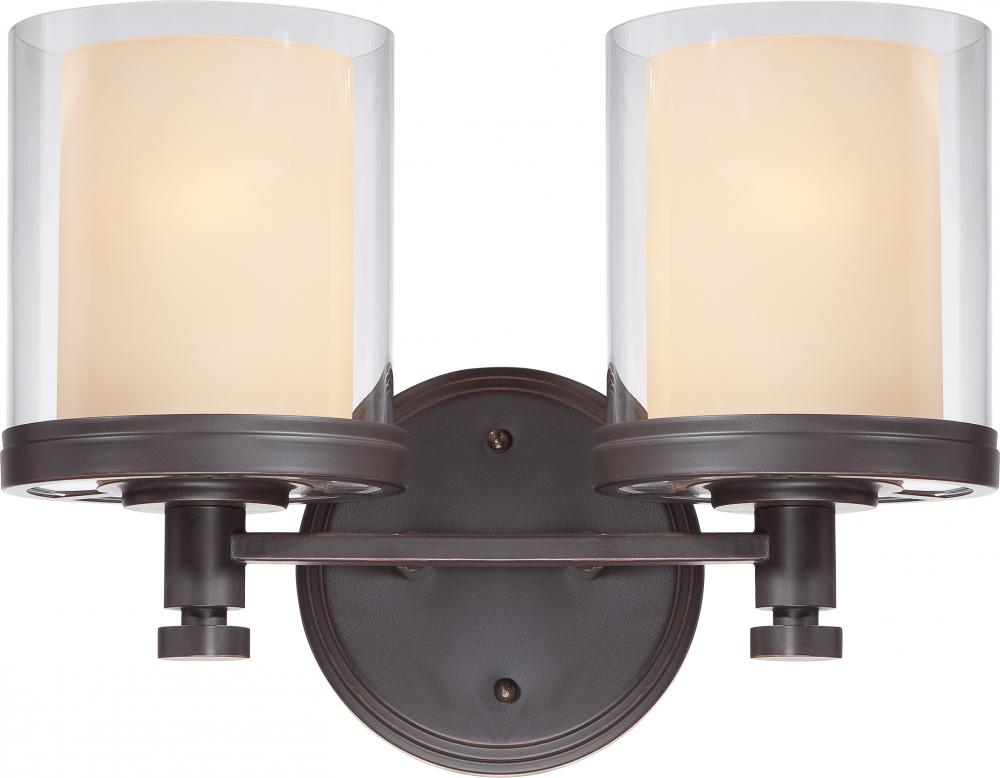 2-Light Vanity Light Fixture in Sudbury Bronze Finish with Clear Outer & Cream Inner Glass