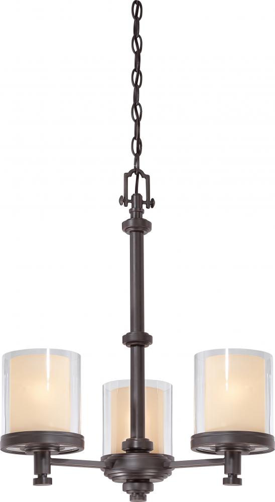 3-Light Chandelier in Sudbury Bronze Finish with Clear Outer & Cream Inner Glass