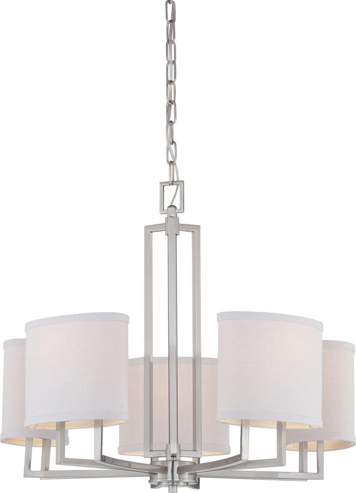 Gemini - 5 Light Chandelier with Slate Gray Fabric Shades - Brushed Nickel Finish