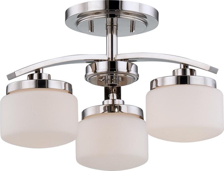 3-Light Close-To-Ceiling Semi Flush Ceiling Light in Polished Nickel Finish with Etched Opal Glass