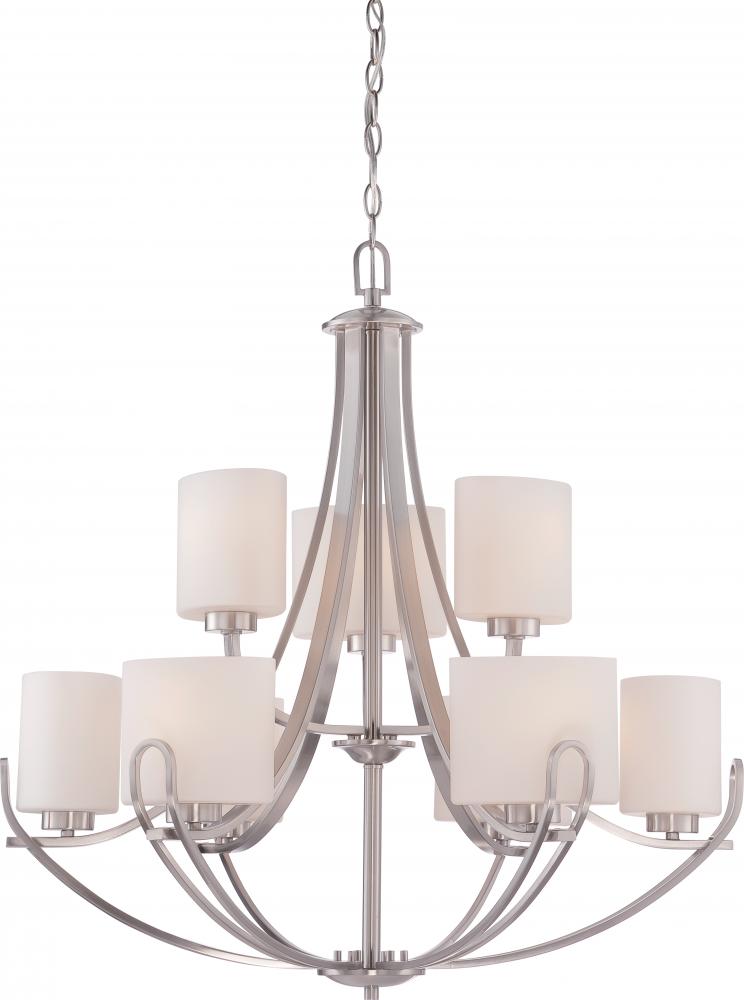 9-Light 2-Tier Chandelier in Brushed Nickel with Etched Opal Glass