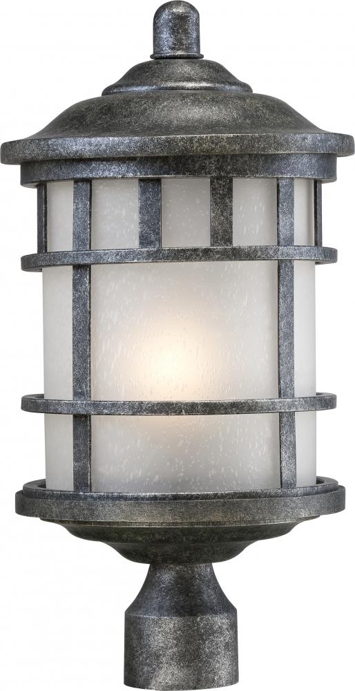 1-Light Outdoor Post Fixture in Aged Silver Finish with Frosted Seed Glass