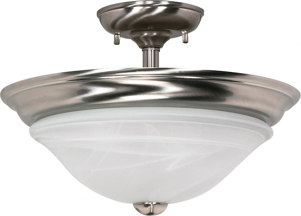 2-Light Dome Semi Flush Ceiling Light Fixture in Brushed Nickel Finish with Alabaster Glass