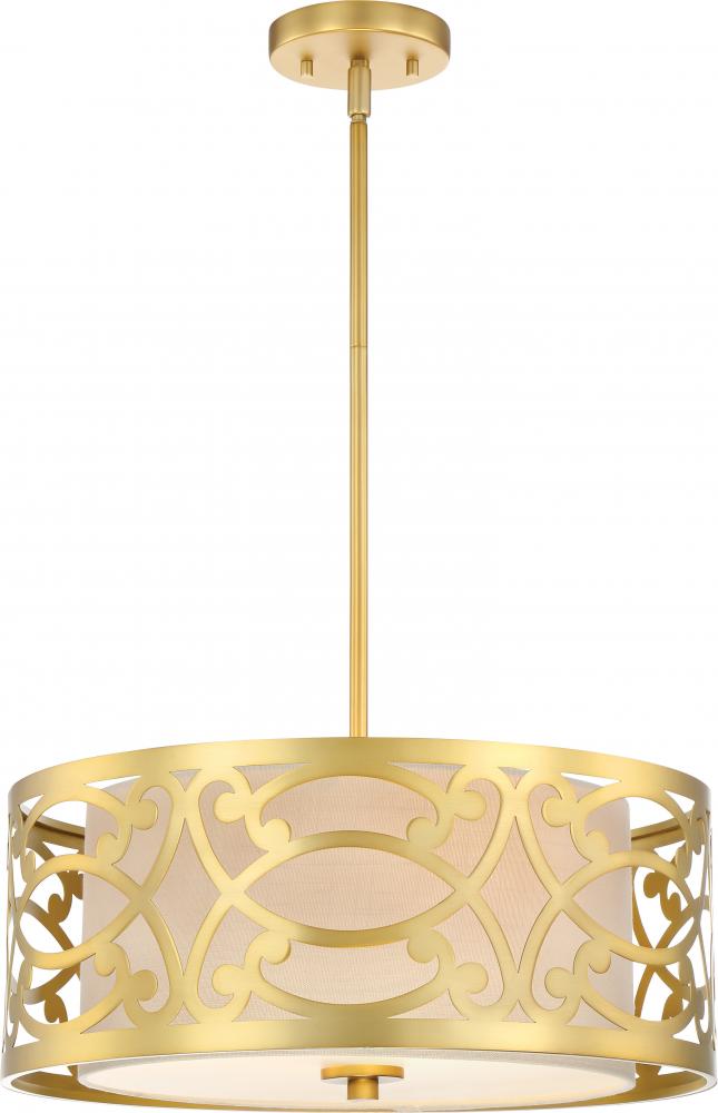 Filigree - 3 Light Pendant with Beige Linen Shade - Natural Brass Finish